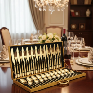 48-Piece Gold Stainless Steel Cutlery Set – Luxury Mirror Finish Flatware